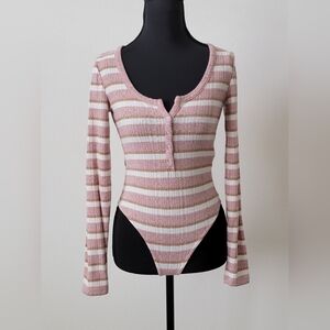Forever 21 Pink & White Striped Ribbed Henley Bodysuit